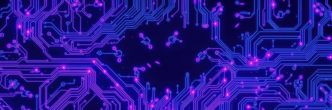 Vibrant blue and purple glowing circuit board with intricate circuitry design, abstract design, glowing accents