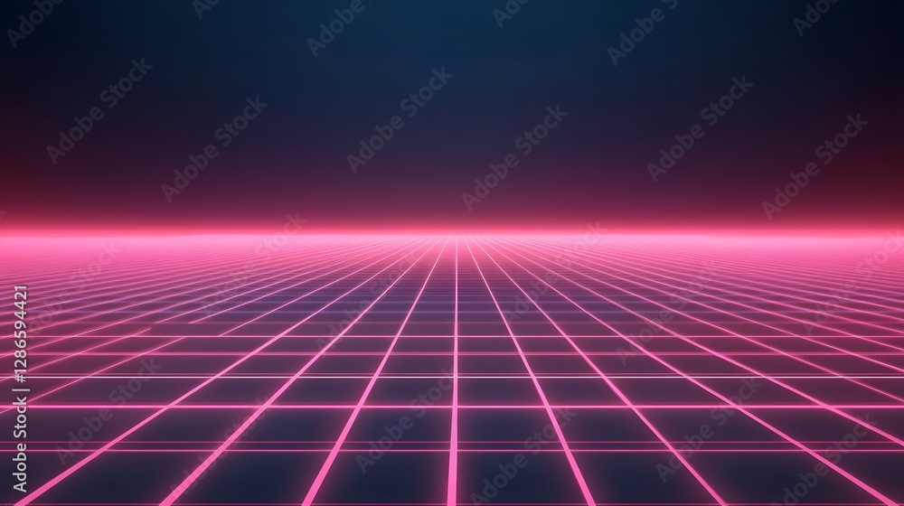 Poster Neon Grid Pattern Displaying A Futuristic Geometric Horizon Scene