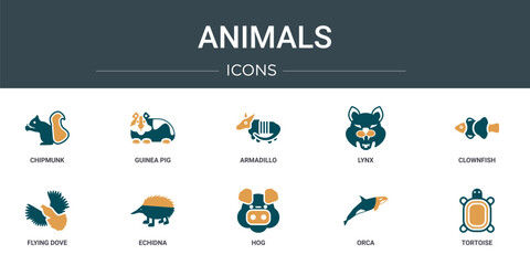 set of 10 outline web animals icons such as chipmunk, guinea pig, armadillo, lynx, clownfish, flying dove, echidna vector icons for report, presentation, diagram, web design, mobile app