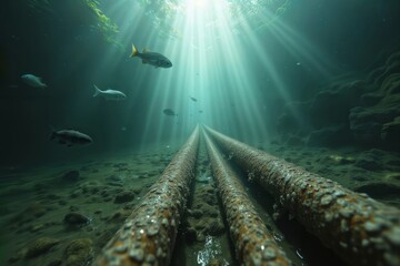 Underwater Pipeline. Atmospheric underwater photograph of two parallel industrial pipes on seabed with fish swimming above and sunbeams penetrating water surface.
