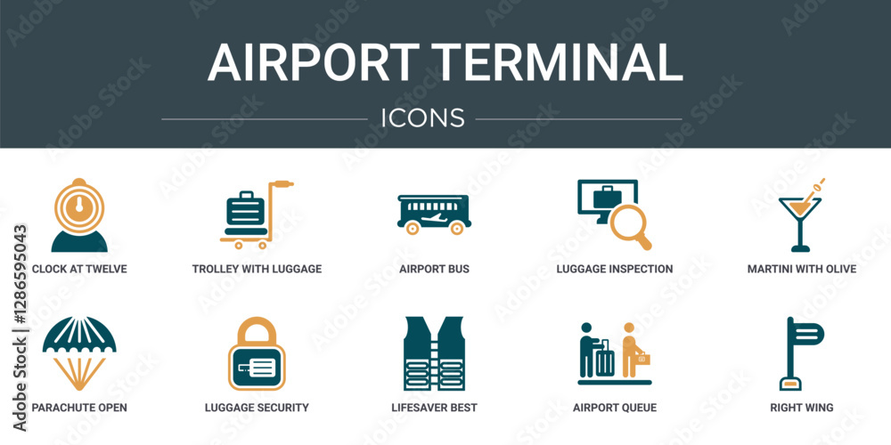 Canvas Prints set of 10 outline web airport terminal icons such as clock at twelve o'clock, trolley with luggage, 