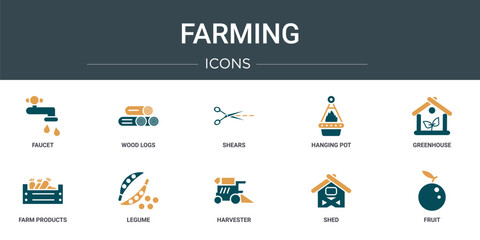 set of 10 outline web farming icons such as faucet, wood logs, shears, hanging pot, greenhouse, farm products, legume vector icons for report, presentation, diagram, web design, mobile app