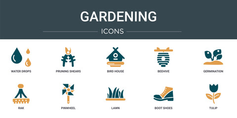 set of 10 outline web gardening icons such as water drops, pruning shears, bird house, beehive, germination, rak, pinwheel vector icons for report, presentation, diagram, web design, mobile app