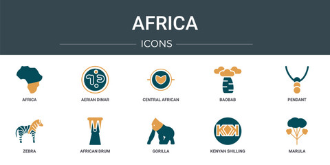 set of 10 outline web africa icons such as africa, aerian dinar, central african franc, baobab, pendant, zebra, african drum vector icons for report, presentation, diagram, web design, mobile app
