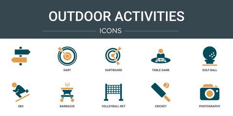 set of 10 outline web outdoor activities icons such as  , dart, dartboard, table game, golf ball, skii, barbacue vector icons for report, presentation, diagram, web design, mobile app