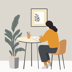 Woman Writing in Notebook at Desk with Plant