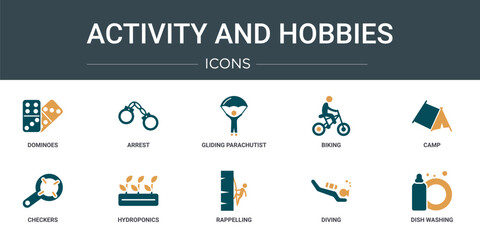set of 10 outline web activity and hobbies icons such as dominoes, arrest, gliding parachutist, biking, camp, checkers, hydroponics vector icons for report, presentation, diagram, web design, mobile