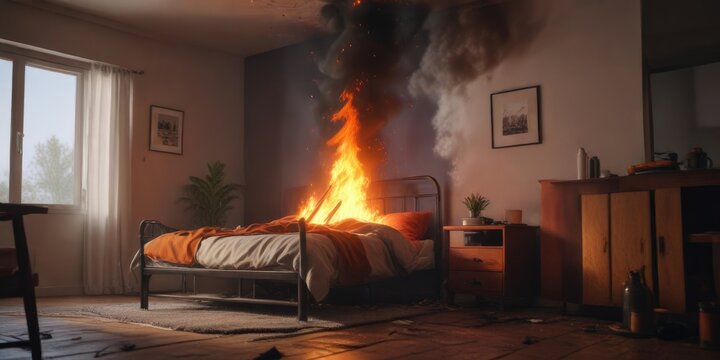 Un bombero con manguera apaga un incendio en una habitaci?n con mobiliario quemado, manguera, apagado