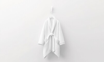 White bathrobe hanging on wall, minimalist spa setting, mockup