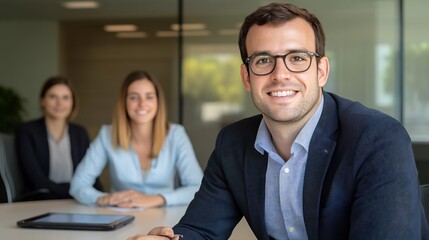 Confident businessman smiling, two colleagues in background.