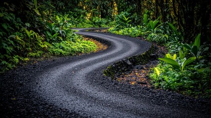 Obraz premium Winding Dark Gravel Road Through Lush Green Tropical Foliage
