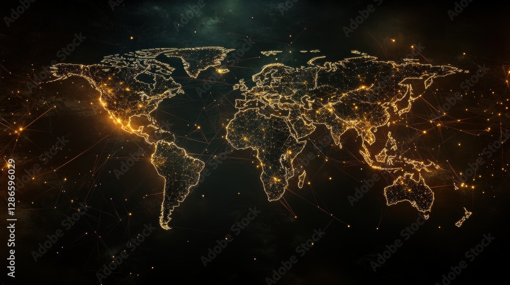 Poster a high-tech illustration of the world map with interconnected glowing points, symbolizing the vast n