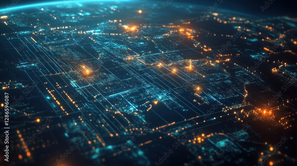 Poster a high-tech illustration of the world map with interconnected glowing points, symbolizing the vast n