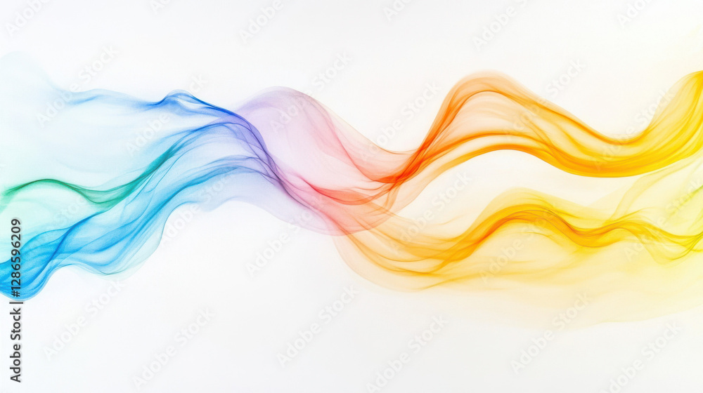 Poster a colorful, iridescent wave-like shape with fluid curves, set against white. its vibrant, dynamic co