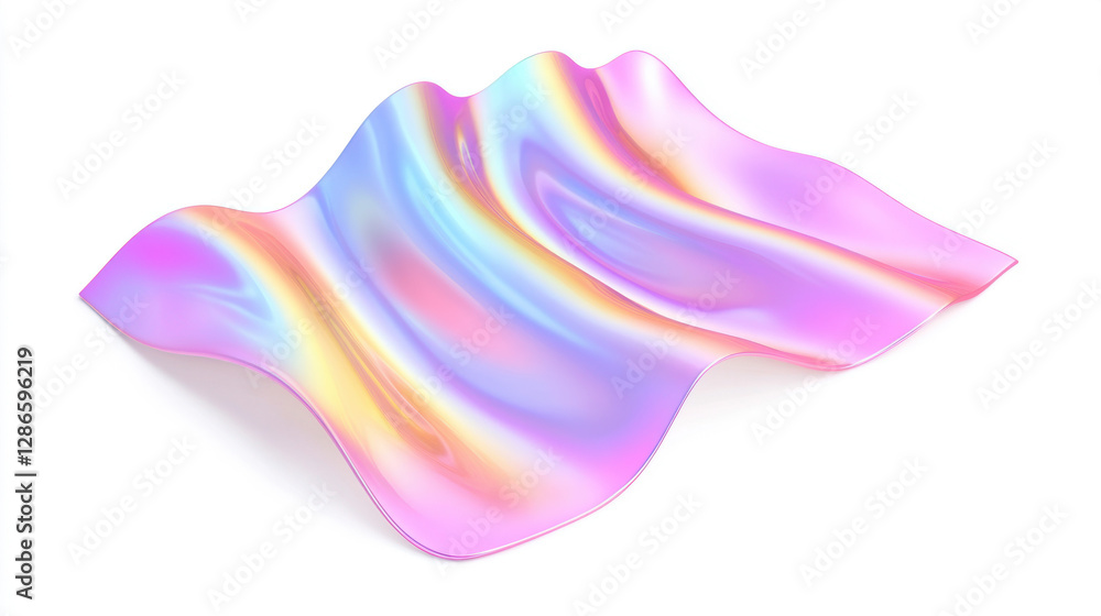 Leinwandbilder An organic, flowing abstract form with iridescent hues, evoking liquid or waves. Set on white, its vibrant colors and depth create a captivating, dynamic visual.