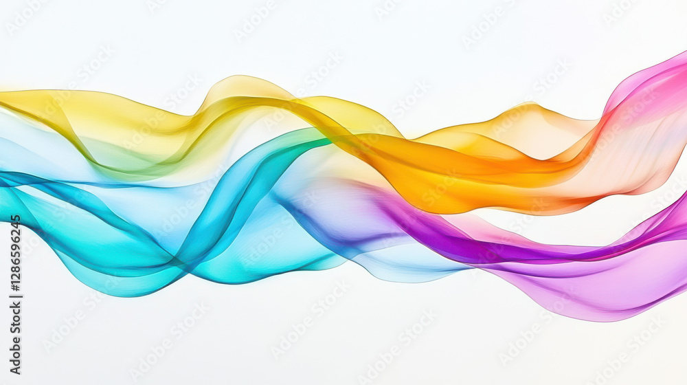 Poster an organic, flowing abstract form with iridescent hues, evoking liquid or waves. set on white, its v