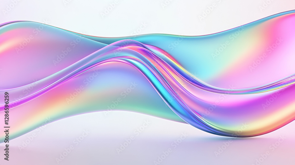 Poster A colorful, iridescent wave-like shape with fluid curves, set against white. Its vibrant, dynamic colors and shimmering effect make it visually stunning and mesmerizing.