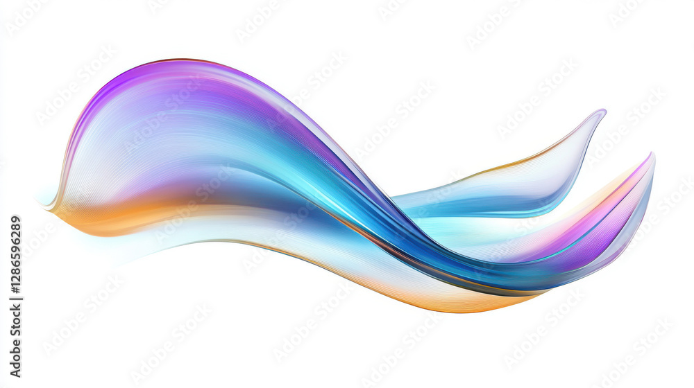 Poster A colorful, iridescent wave-like shape with fluid curves, set against white. Its vibrant, dynamic colors and shimmering effect make it visually stunning and mesmerizing.