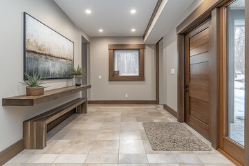  Photographie immobili&egrave;re d&rsquo;une entr&eacute;e moderne avec une console en bois suspendue, grand miroir d&eacute;coratif, tableau, &eacute;clairage encastr&eacute; doux et plantes. HDR, 3D, design, tendance, architecte