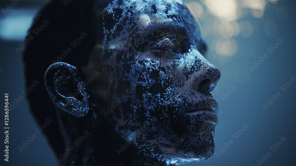 Poster futuristic human like figure with textured surface and glowing patterns, evoking sense of advanced t