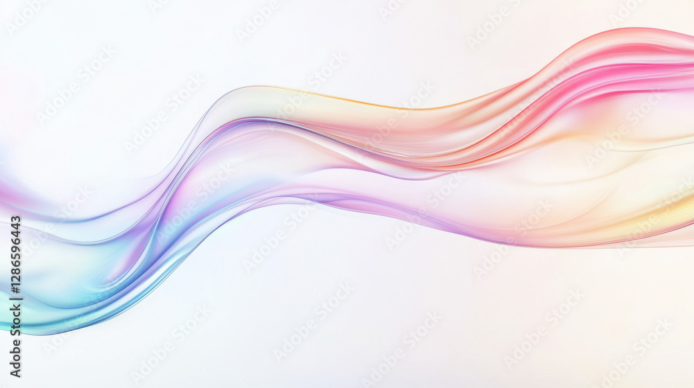 Poster A vibrant, iridescent abstract form resembling a flowing wave, set on white. Its organic curves and dynamic colors create a captivating, ever-changing visual effect.