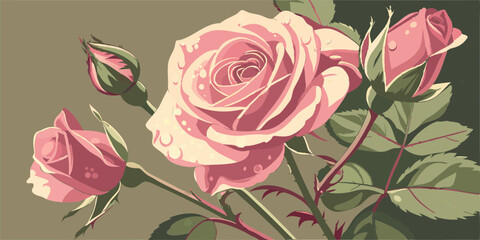 Create a hyper-realistic rose bouquet pattern with dewdrops on petals and soft lighting.