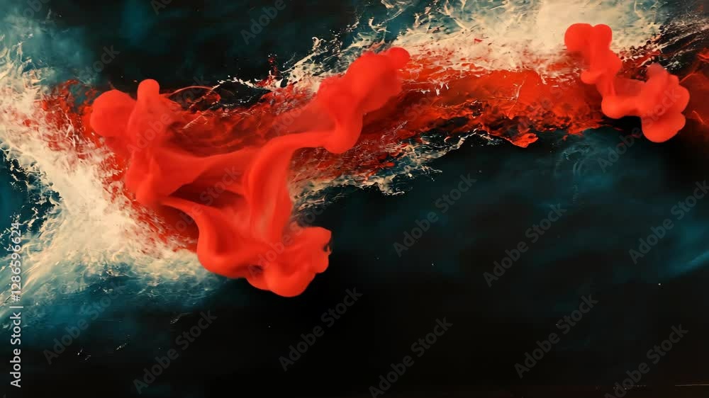 Poster colorful abstract patterns of red and blue swirl together creating a vivid contrast against a darker