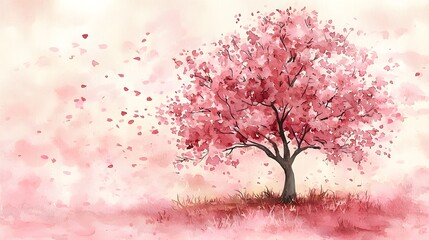 Obraz premium Beautiful Pink Blossom Tree with Falling Petals in Watercolor Style