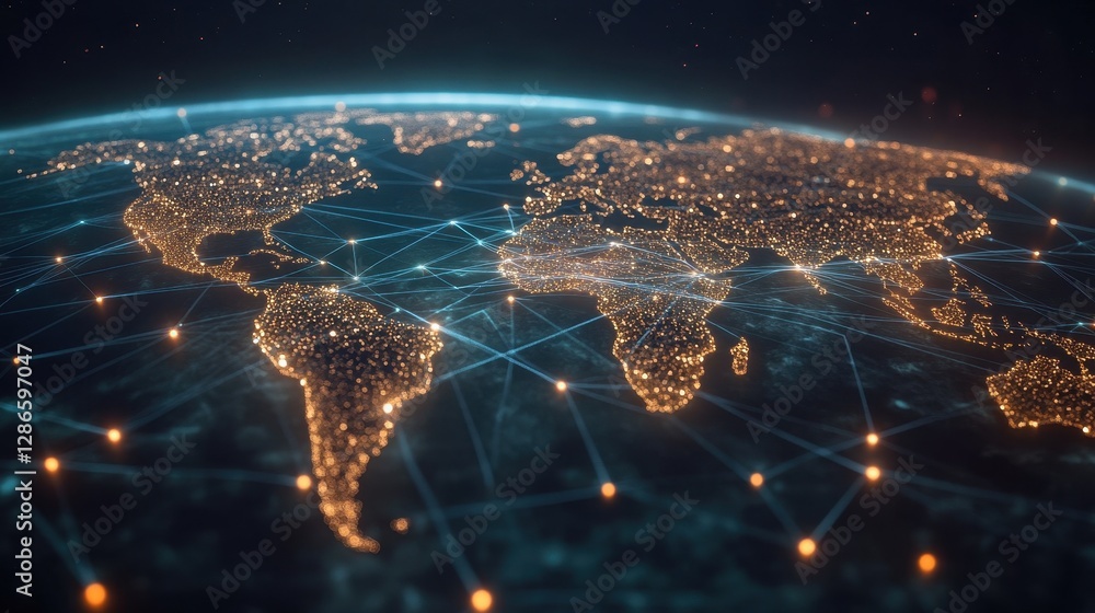Aufkleber a night-view world map with glowing city nodes connected by thin digital network lines, representing