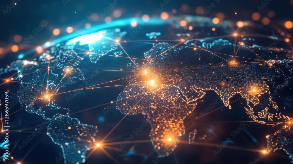 Aufkleber a night-view world map with glowing city nodes connected by thin digital network lines, representing