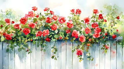 Fototapeta premium Vibrant Red Roses Blooming on White Wooden Fence in Watercolor Style