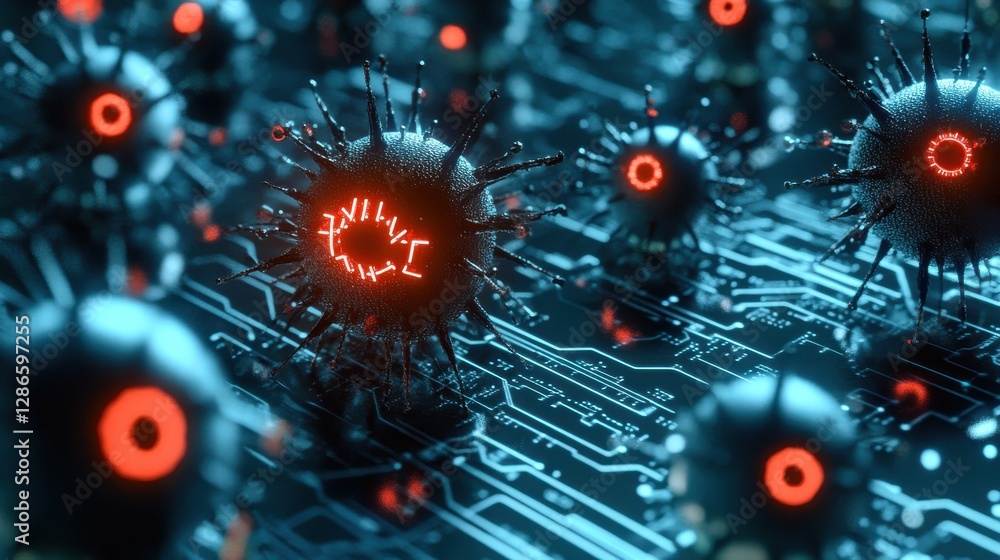 Aufkleber abstract 3d computer virus concept rendered on circuit board background in blue and red hues