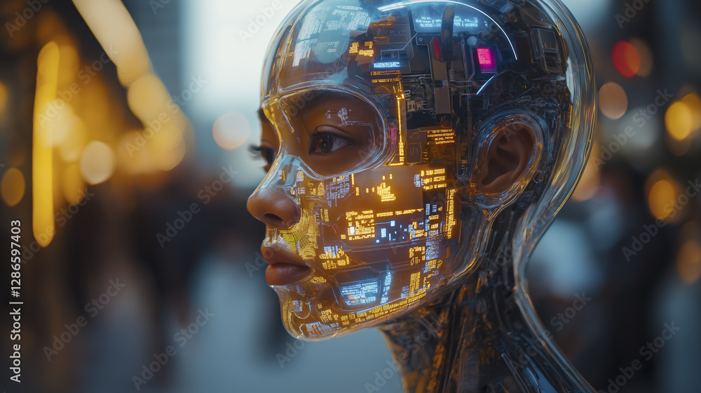 Poster futuristic humanoid robot with transparent face displaying digital interfaces and glowing circuits, 