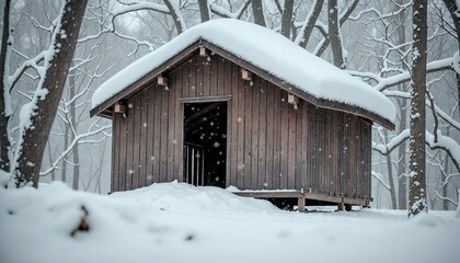 Snow-covered Wooden Cabin in Winter Forest