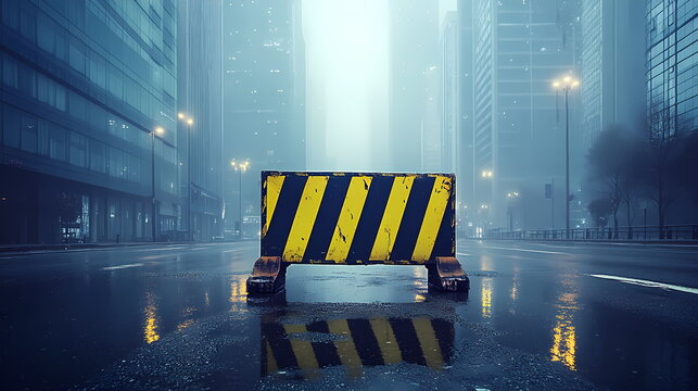 Roadblock closing a city street at night during a foggy weather - Powered by Adobe