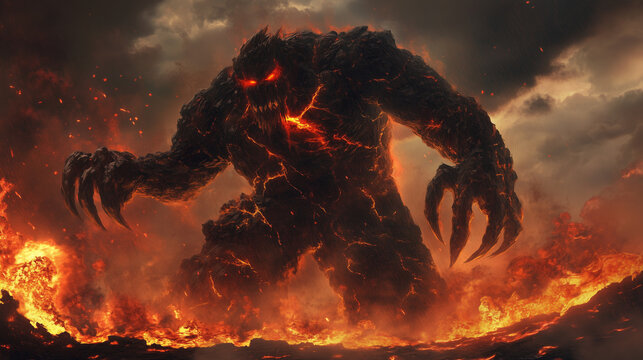 A towering, hulking monster made of dark stone, with glowing red eyes and long, twisted claws.