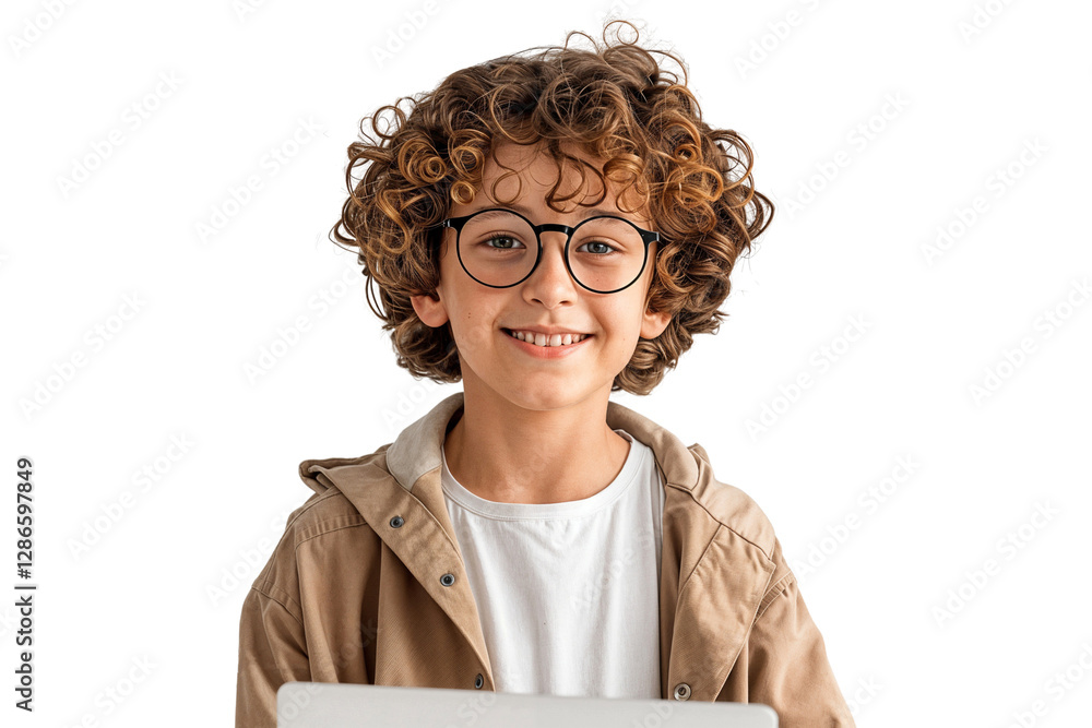 Poster portrait of a smiling cute boy with glasses isolated on transparent background