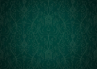 Hand-drawn unique abstract symmetrical seamless ornament. Bright green on a deep cold green with vignette of a darker background color. Paper texture. Digital artwork, A4. (pattern: p13-1b)