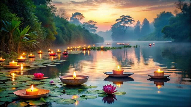 Serene riverbank with floating candles and lanterns on Ganges River at dusk, surrounded by lush greenery and water lilies , water lilies, diwali lamps