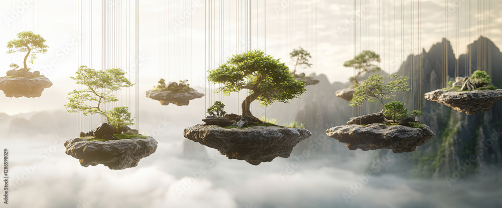 Poster A collection of bonsai trees floating on rock islands, suspended by thin strings in a surreal landscape with a misty atmosphere, symbolizing harmony, balance, and imagination.