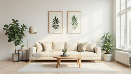Fototapeta premium Elegant beige living room featuring plants and artwork on the walls