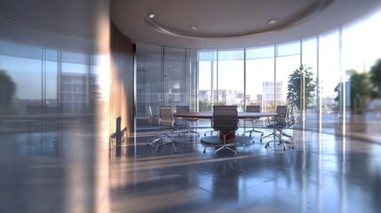 Obraz premium Modern Office with Panoramic City Views at Sunrise