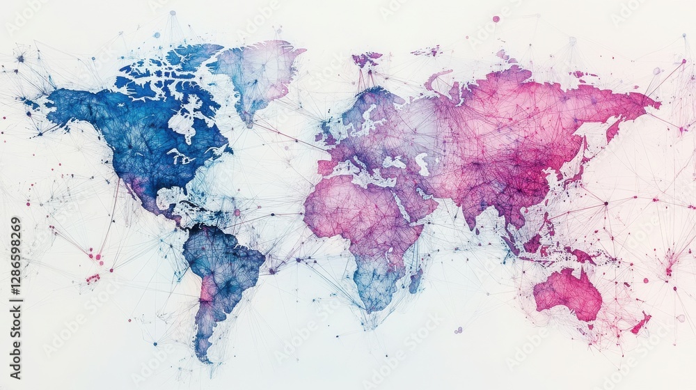 Poster a world map overlaid with interconnected digital lines and nodes, illustrating global collaboration 
