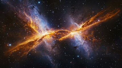 A cosmic bridge of interwoven nebula strands connects two galaxies, shimmering with cosmic energy