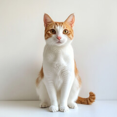 Fototapeta premium short haired cat with orange and white fur sits calmly against plain background, showcasing its alert expression and elegant posture
