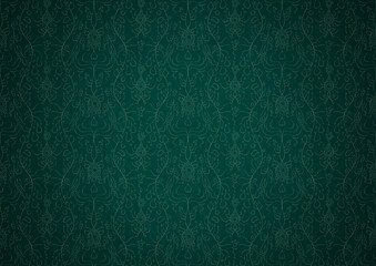 Hand-drawn unique abstract symmetrical seamless ornament. Bright green on a deep cold green with vignette of a darker background color. Paper texture. Digital artwork, A4. (pattern: p13-1c)