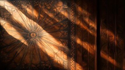 Intricate Ceiling Design with Warm Sunlight Casting Shadows in Historic Interior