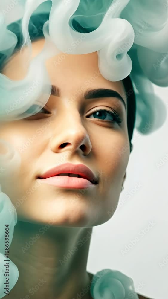 Poster portrait of a woman with soft curls and smoke around her face, capturing a serene expression in a mi