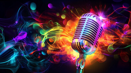 Retro-style microphone with neon music waves, symbolizing live performance, passion for music, and the energy of artistic expression on stage.