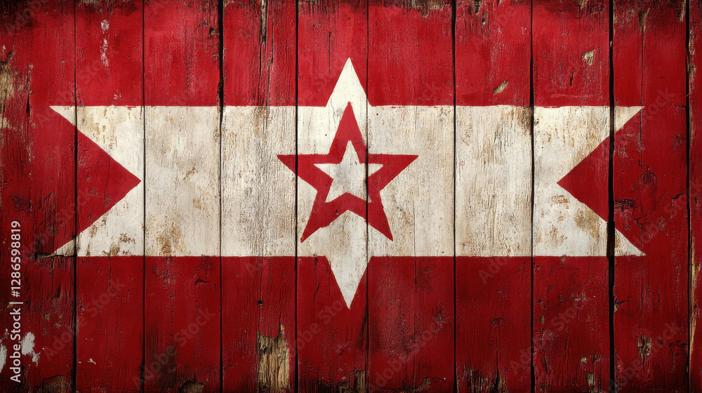 Poster painted flag design on weathered wooden texture, showcasing bold red and white color scheme with cen